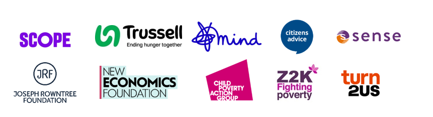 Logo wall: Scope, Trussell, Mind, Citizens Advice, Sense, JRF, New Economics Foundation,