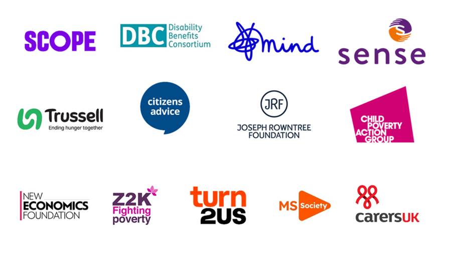 Logo wall: Scope, Disability Benefits Consortium, Mind, Sense, Trussell, Citizens Advice, Joseph Rowntree Foundation, Child Poverty Action Group, New Economics Foundation, Turn2Us, MS Society, Carer's UK